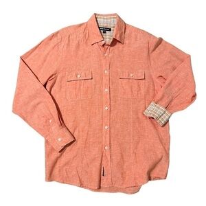 Report Collection Linen Blend Long Sleeve Button Down Mens Shirt Orange Large